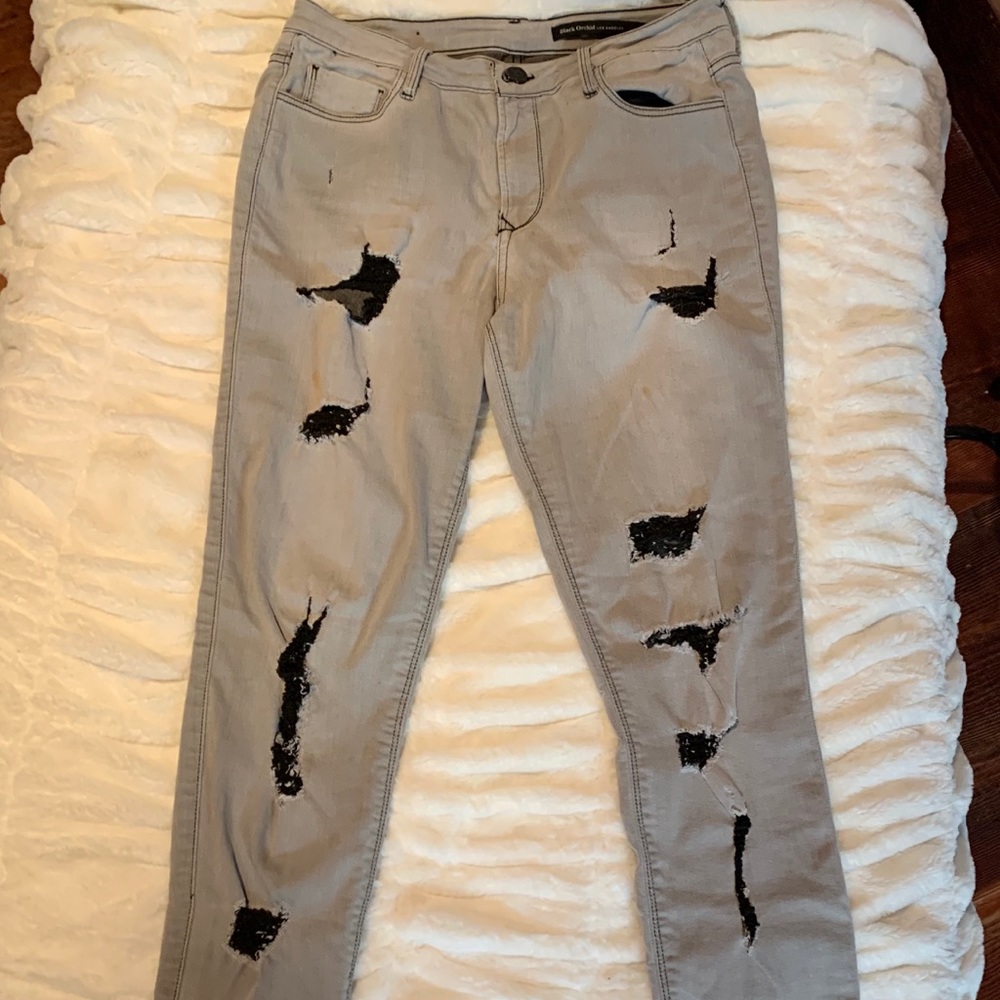 Black Orchid- Grey skinny denim w/ black Rips
